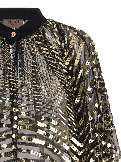 Blouse by Emilio Pucci for women in polyamide sequins black, transparent & patterned features an architectural silhouette with a refined and elegant crew neckline for a architectural look.