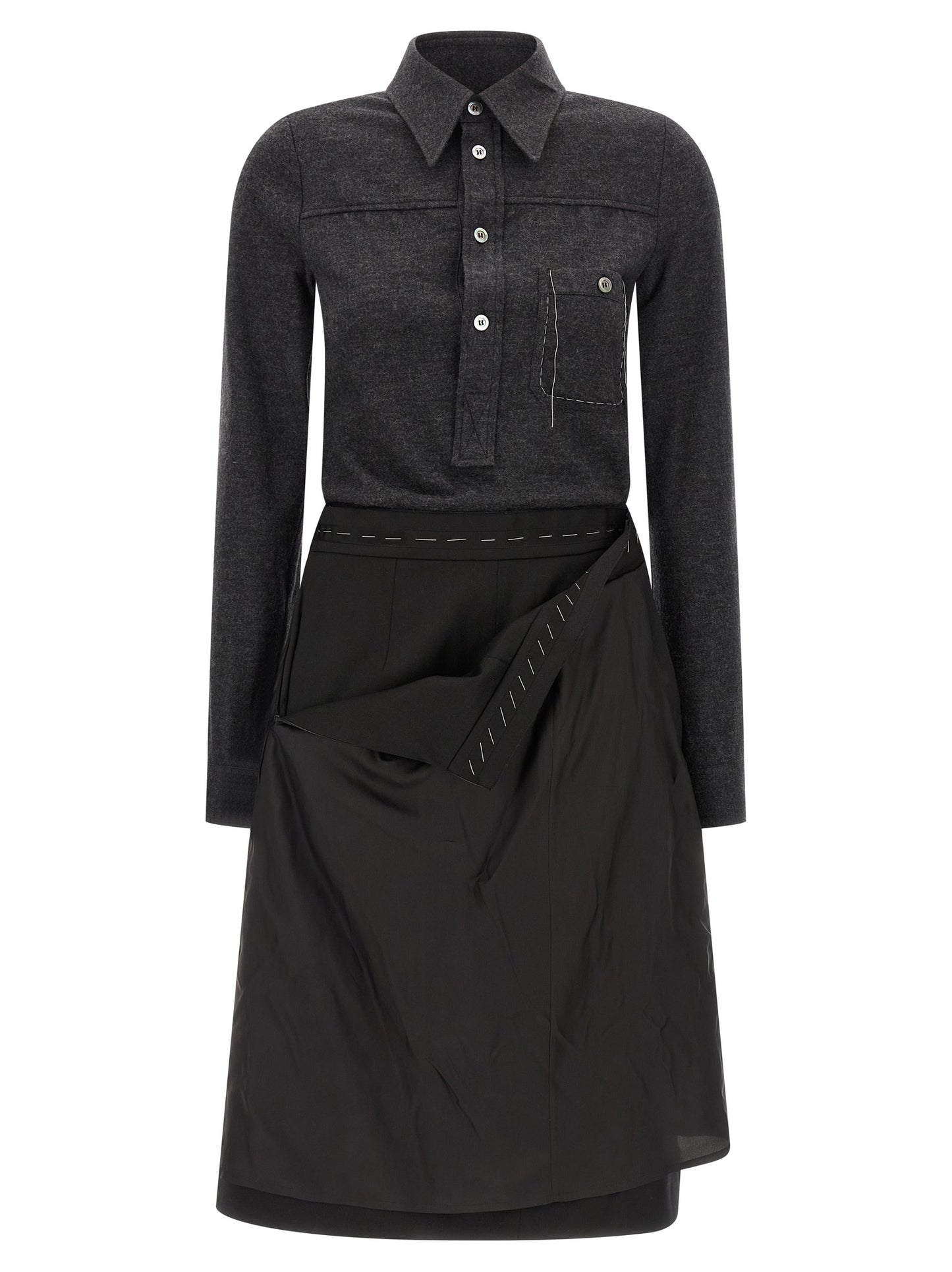 Dress by Maison Margiela for women in cupro & virgin wool gray features an sultry silhouette defined by a asymmetric neckline and , falling to an sultry midi for a sultry look.