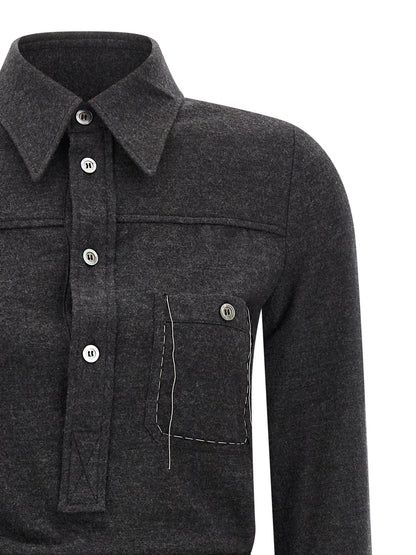 Dress by Maison Margiela for women in cupro & virgin wool gray features a dramatic silhouette, showcasing an elegant asymmetric neckline and that flows into a dramatic midi.