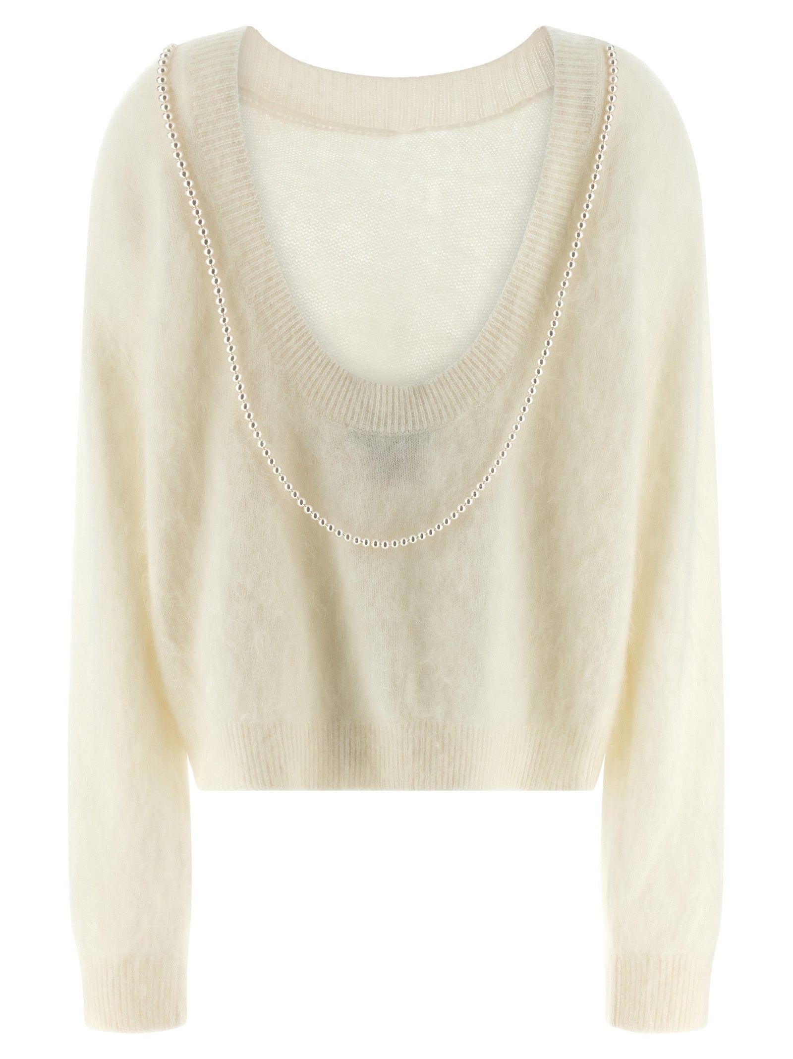 Cardigan by BERNADETTE for women in cashmere pearl & white showcases a luxurious silhouette, meticulously detailed with a sophisticated round neckline and for a refined finish.