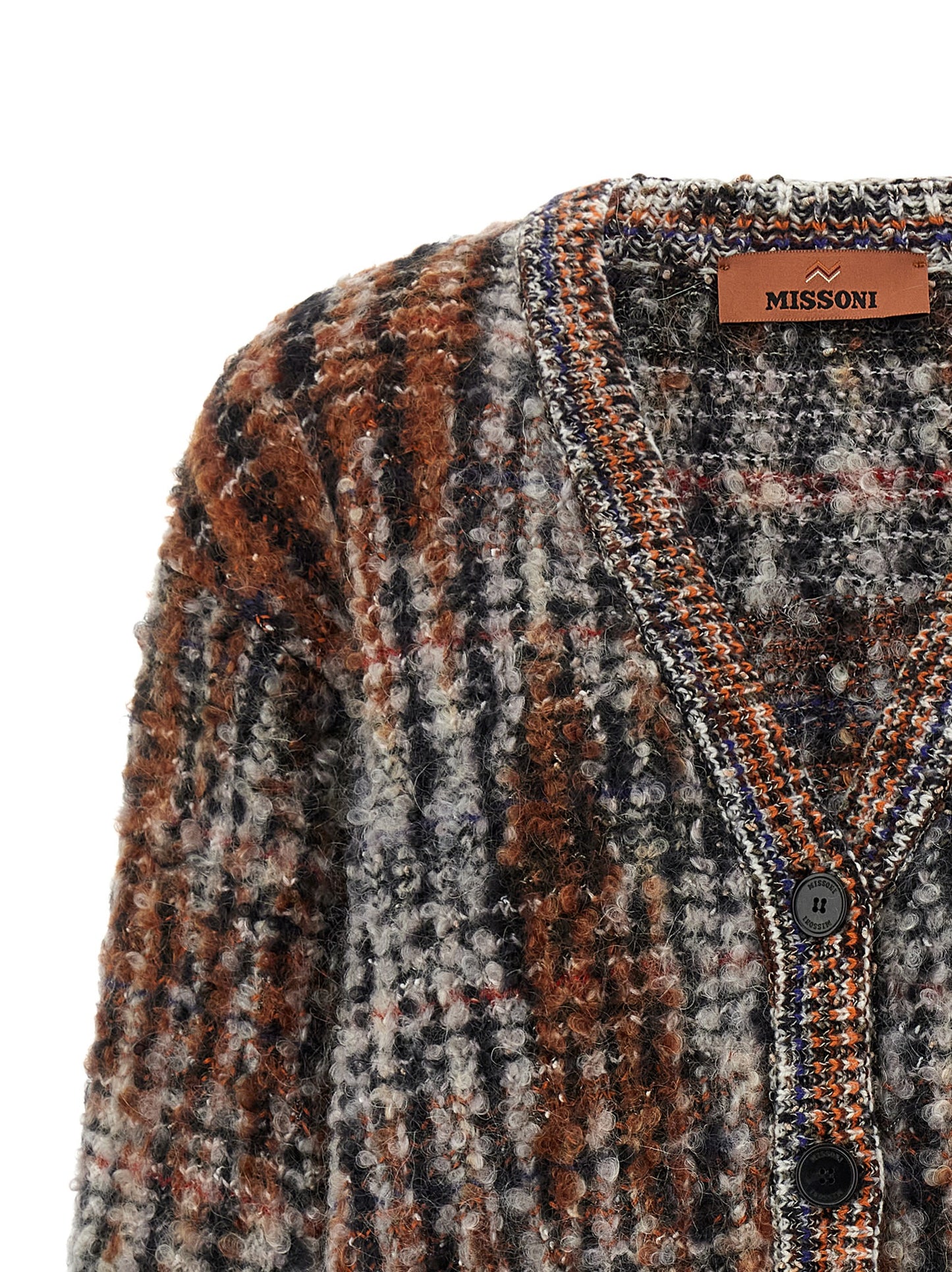 Cardigan by Missoni for women in mohair polyamide cotton & alpaca wool multicolor & patterned features a dramatic silhouette, showcasing a sophisticated v-neck neckline and dramatic detail for a timeless, premium look.