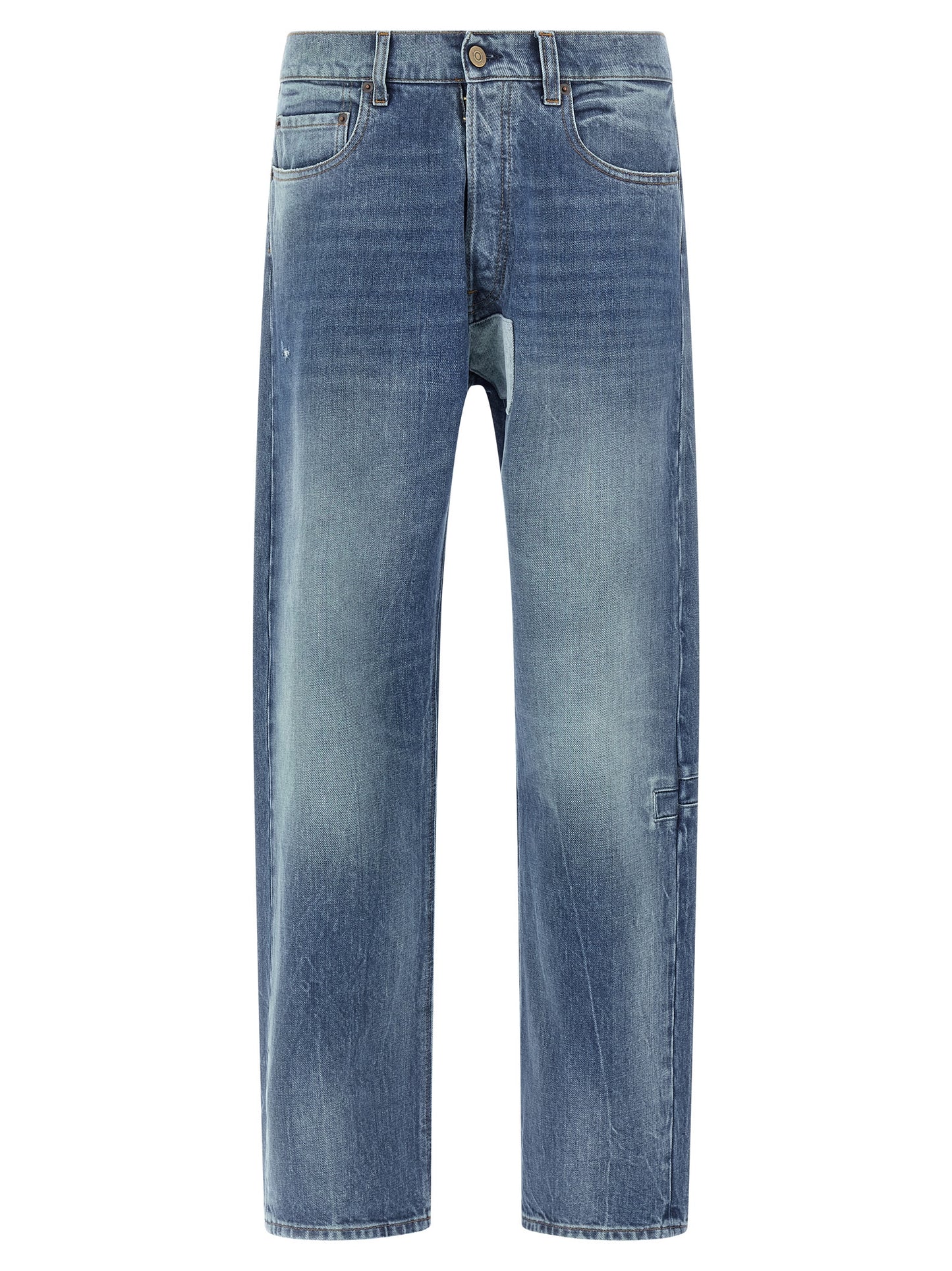 Jeans by Maison Margiela for men in denim cotton blue features a polished silhouette with a polished straight-leg, reaching a polished long and finished with a polished .