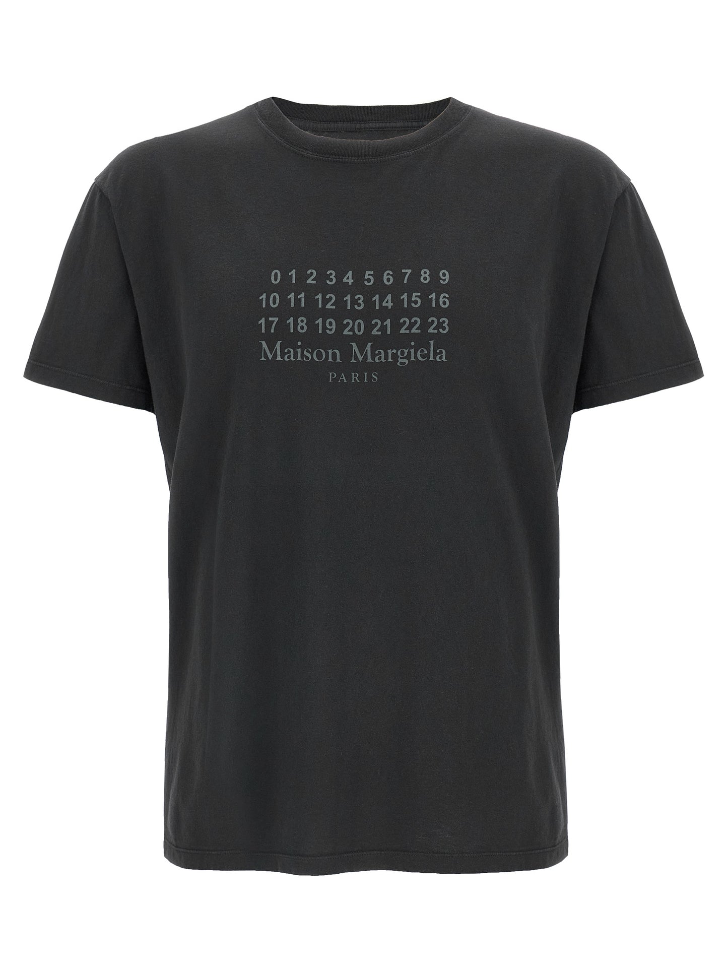 T-Shirt by Maison Margiela for women in cotton black, signature & print showcases a unassuming silhouette, artfully detailed with a refined crew neckline and unassuming short-sleeve for a sophisticated, contemporary look.