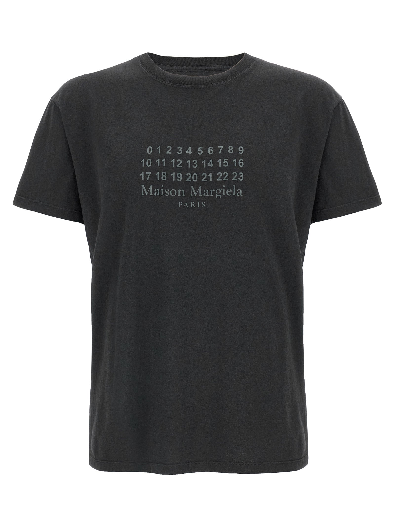 T-Shirt by Maison Margiela for women in cotton black, signature & print showcases a unassuming silhouette, artfully detailed with a refined crew neckline and unassuming short-sleeve for a sophisticated, contemporary look.