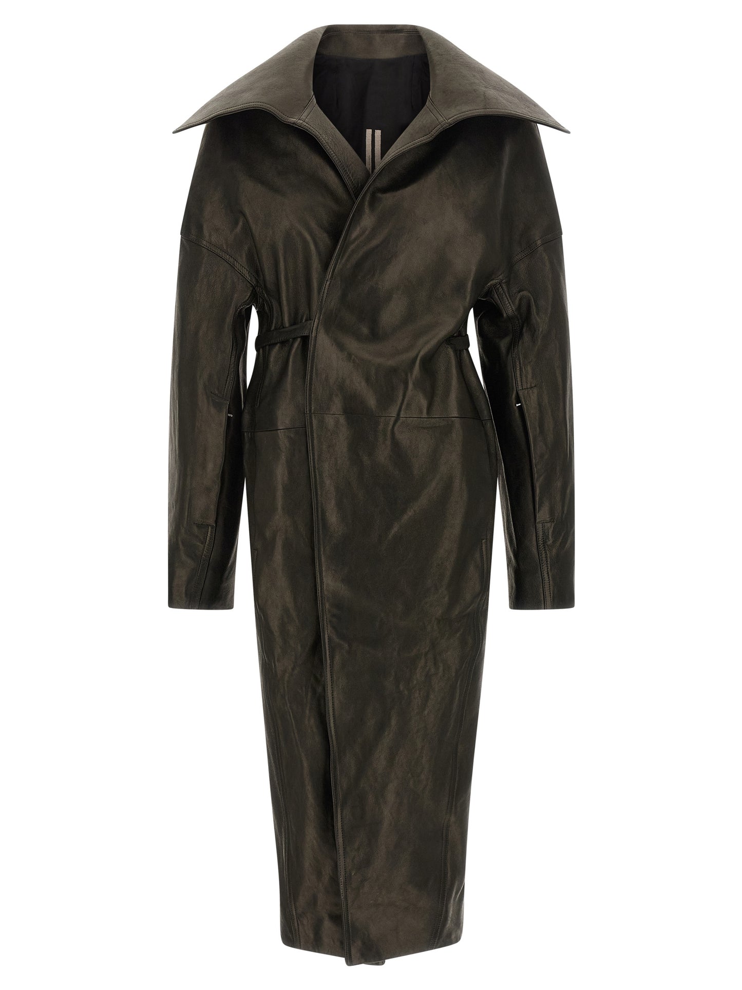 Overcoat by Rick Owens for women in lamb leather black & natural presents a luxurious silhouette, showcasing a luxurious and sophisticated pockets for a premium, luxurious look.