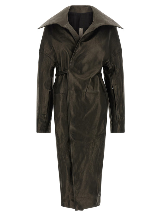 Overcoat by Rick Owens for women in lamb leather black & natural presents a luxurious silhouette, showcasing a luxurious and sophisticated pockets for a premium, luxurious look.