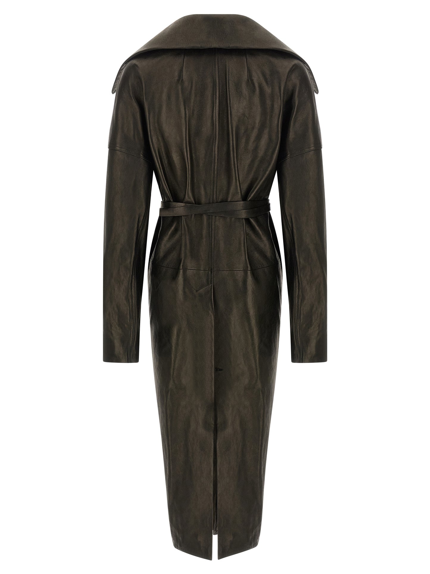 Overcoat by Rick Owens for women in lamb leather black & natural showcases a architectural silhouette, artfully detailed with a distinctive and functional pockets for a architectural finish.