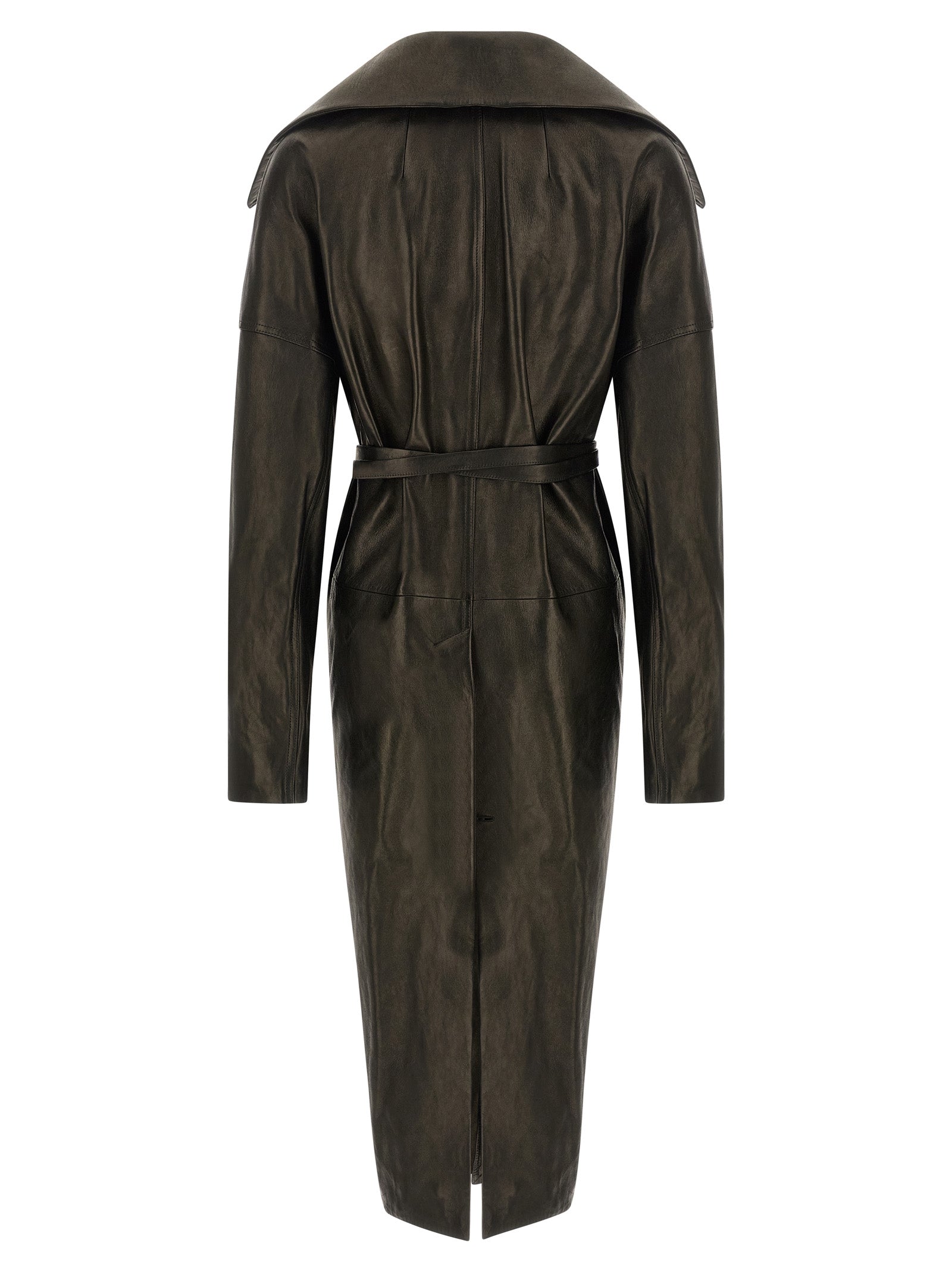Overcoat by Rick Owens for women in lamb leather black & natural showcases a architectural silhouette, artfully detailed with a distinctive and functional pockets for a architectural finish.
