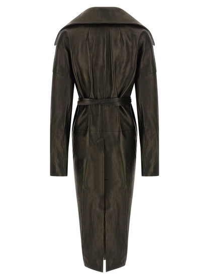 Overcoat by Rick Owens for women in lamb leather black & natural showcases a architectural silhouette, artfully detailed with a distinctive and functional pockets for a architectural finish.