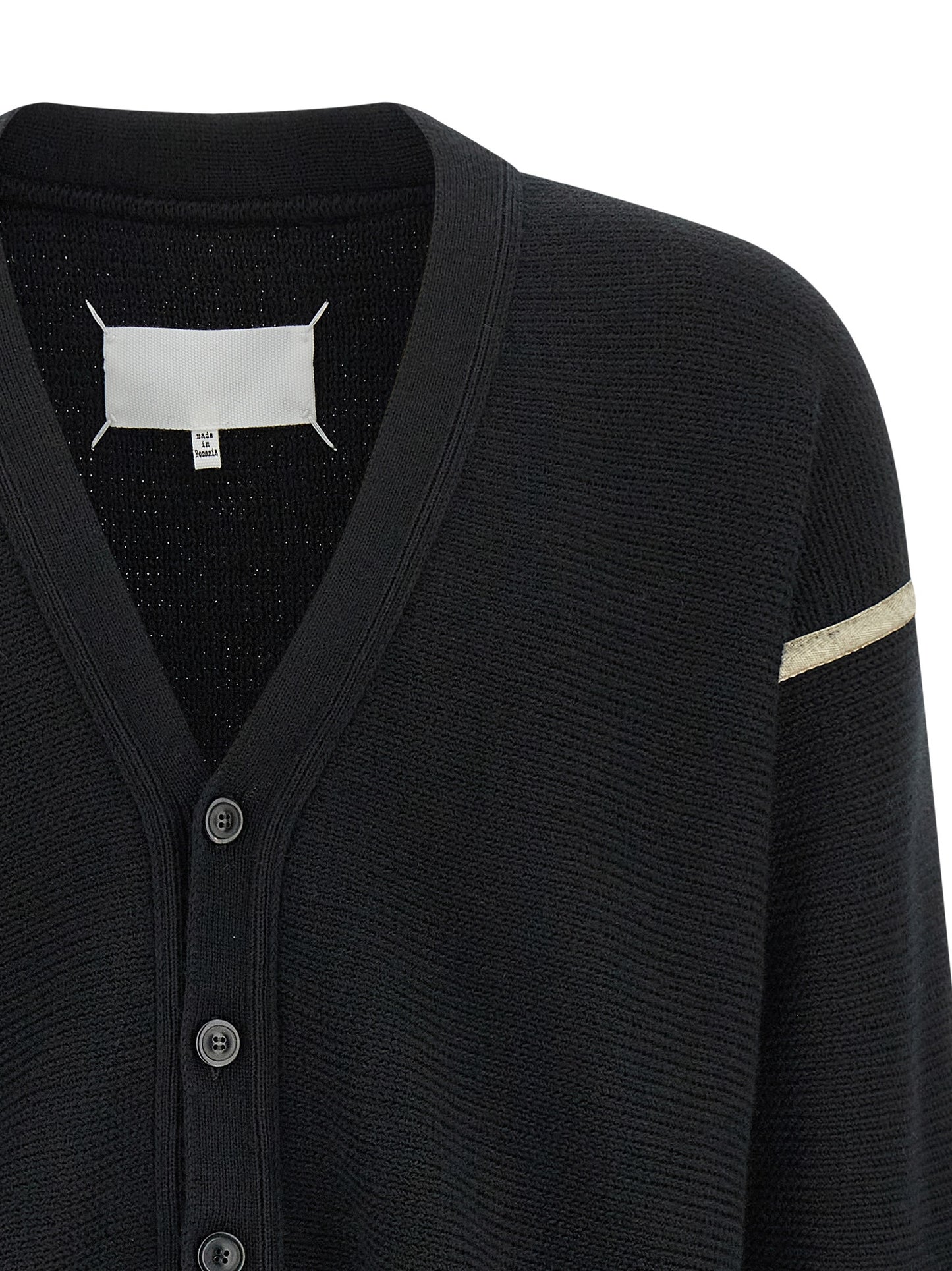 Cardigan by Maison Margiela for men in denim & virgin wool black features a nuanced silhouette with a refined v-neck neckline and nuanced detailing for a sophisticated look.