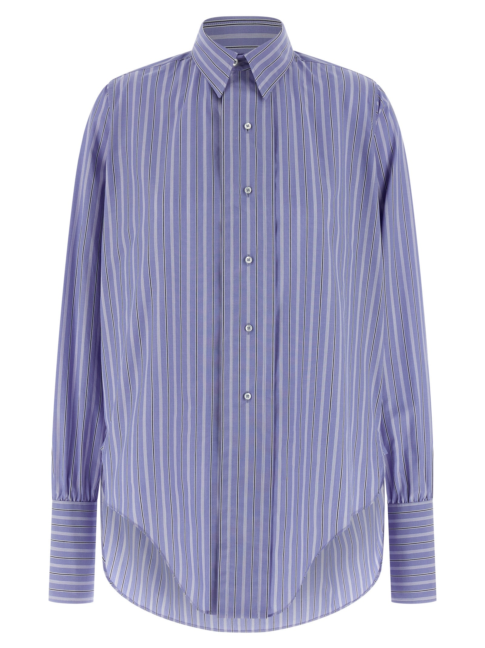 Blouse by Maison Margiela for women in cotton light-blue & striped presents a discerning silhouette, showcasing a sophisticated and long-sleeve for a truly discerning finish.