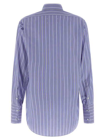 Blouse by Maison Margiela for women in cotton light-blue & striped showcases a sharp silhouette, elegantly detailed with a sharp and sharp .