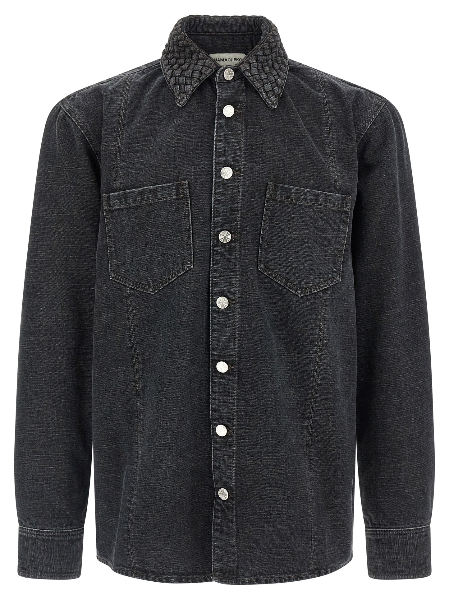 Shirt by Namacheko for men in denim cotton black showcases a sleek silhouette, elegantly detailed with a sleek and long-sleeve for a sleek finish.