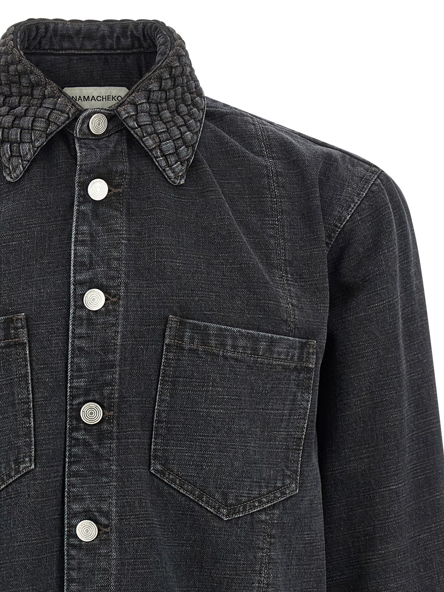 Shirt by Namacheko for men in denim cotton black showcases a sublime silhouette, artfully detailed with a sublime and for a sophisticated, sublime finish.