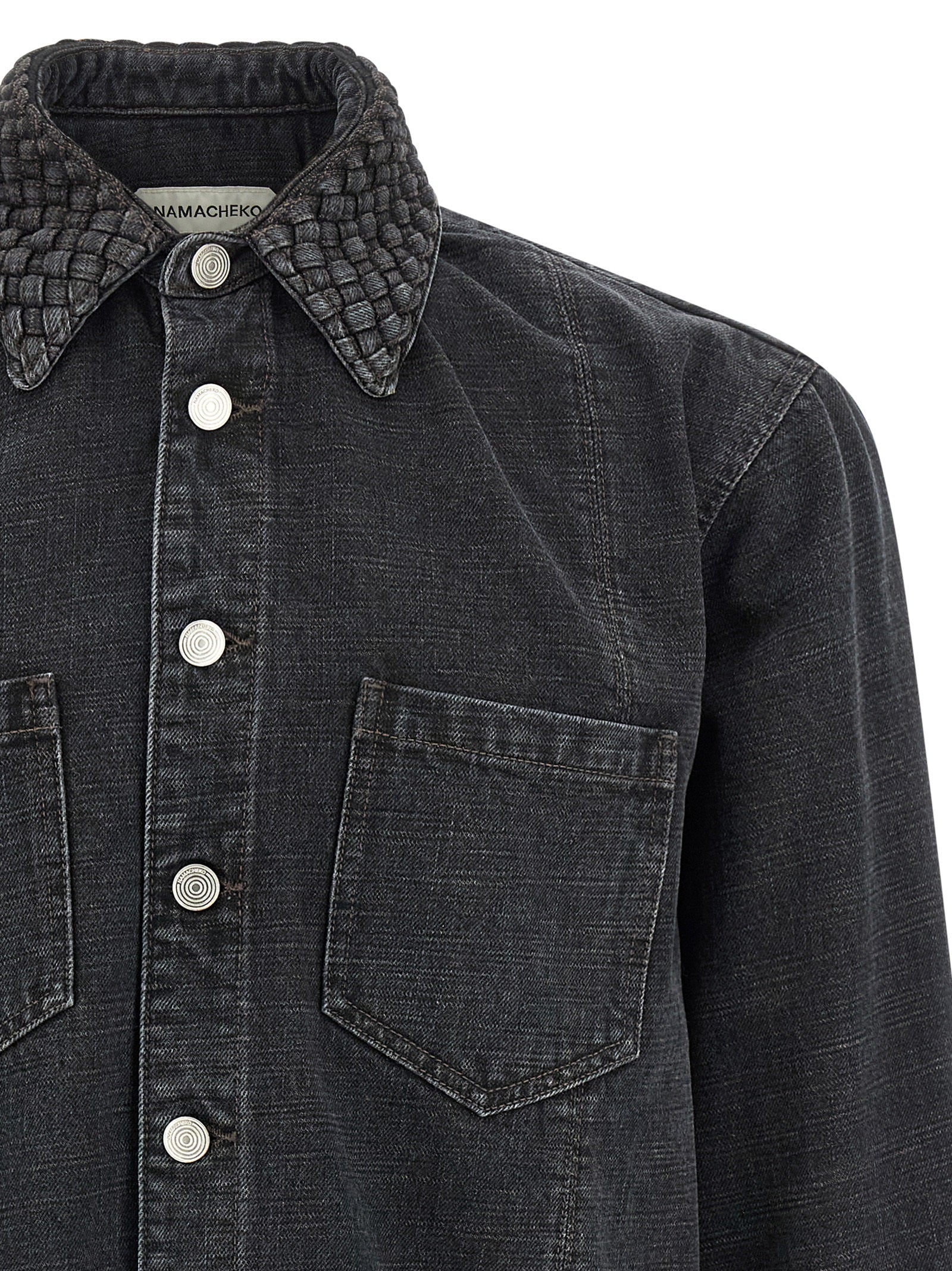 Shirt by Namacheko for men in denim cotton black showcases a sublime silhouette, artfully detailed with a sublime and for a sophisticated, sublime finish.