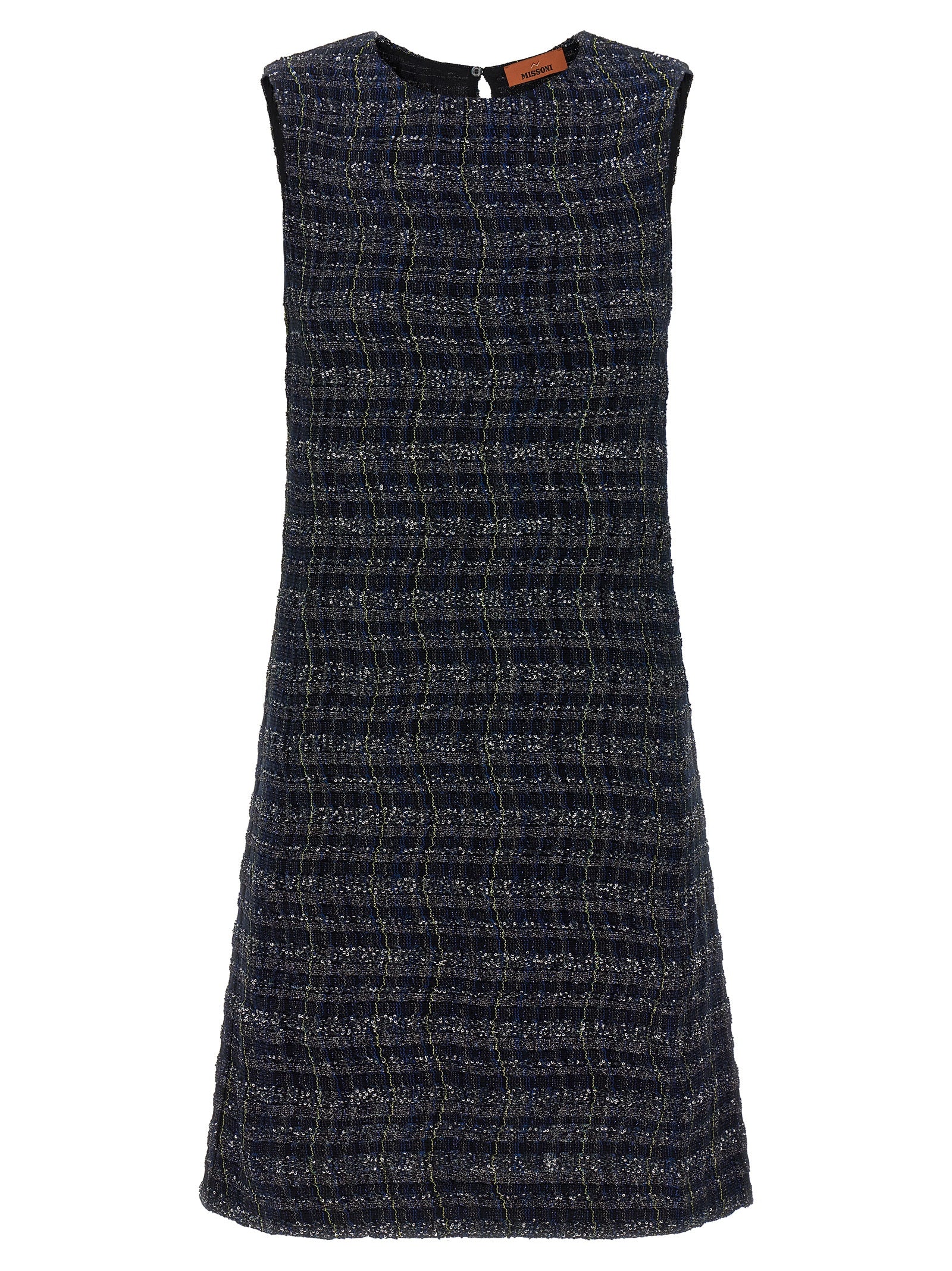 Dress by Missoni for women in poly cotton viscose metallized fiber wool multicolor & patterned features an sultry silhouette defined by a crew neckline and sleeveless, falling to an sultry short mini for a sultry look.