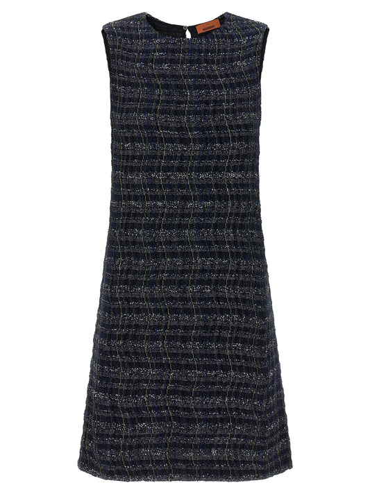 Dress by Missoni for women in poly cotton viscose metallized fiber wool multicolor & patterned features an sultry silhouette defined by a crew neckline and sleeveless, falling to an sultry short mini for a sultry look.