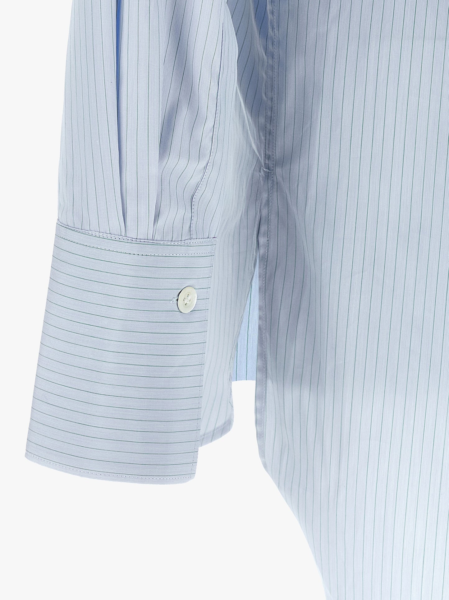 Shirt by Namacheko for men in cotton light-blue & striped features an architectural silhouette with a refined and elegant for a architectural look.