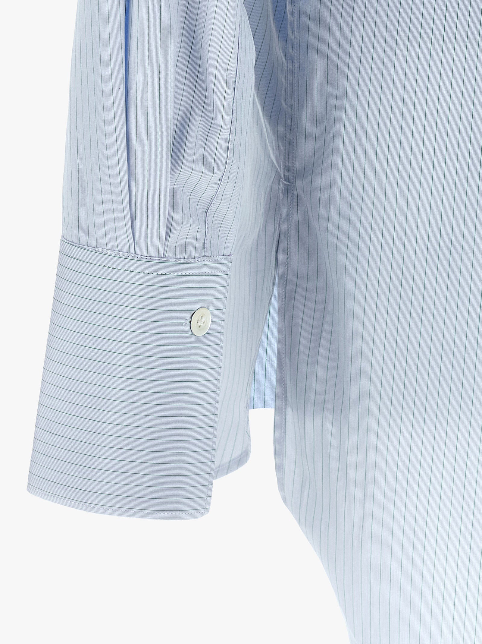 Shirt by Namacheko for men in cotton light-blue & striped features an architectural silhouette with a refined and elegant for a architectural look.