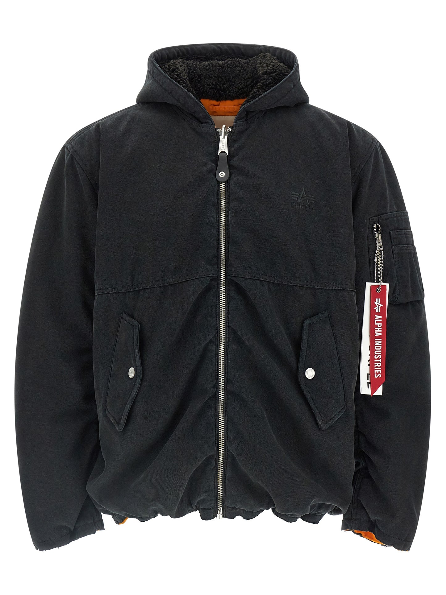 Hooded Bomber Jacket by PURPLE for men in cotton canvas & nylon multicolor & purple presents a effortlessly chic silhouette, showcasing a sophisticated hooded neckline and premium pockets, hooded & insulated for a truly effortlessly chic finish.