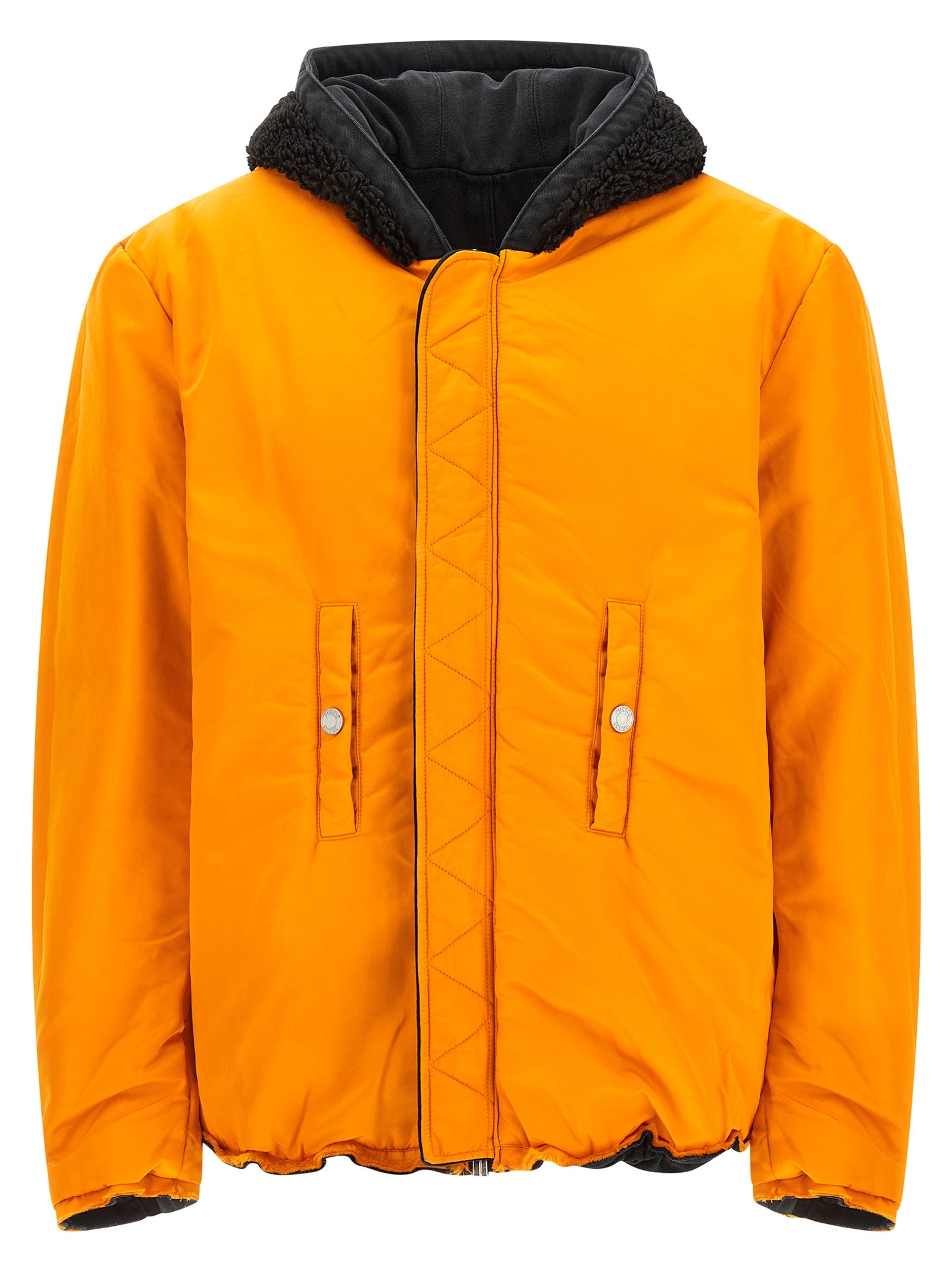 Hooded Bomber Jacket by PURPLE for men in cotton canvas & nylon multicolor & purple showcases a bohemian silhouette, artfully detailed with a bohemian hooded neckline and signature pockets, hooded & insulated for a truly bohemian finish.
