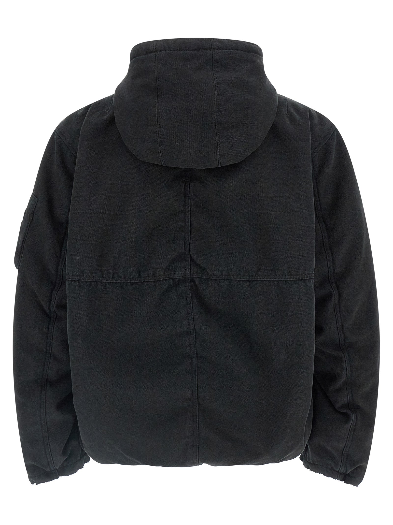Hooded Bomber Jacket by PURPLE for men in cotton canvas & nylon multicolor & purple features a city-ready silhouette, detailed with pockets, hooded & insulated and a city-ready hooded neckline.