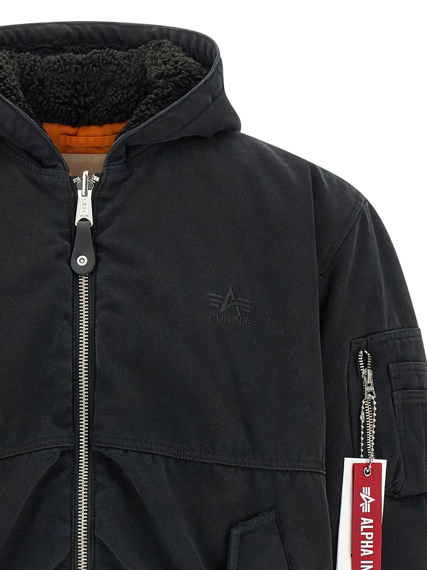 Hooded Bomber Jacket by PURPLE for men in cotton canvas & nylon multicolor & purple features a dramatic silhouette, showcasing a sophisticated hooded neckline and distinctive pockets, hooded & insulated for a dramatic aesthetic.