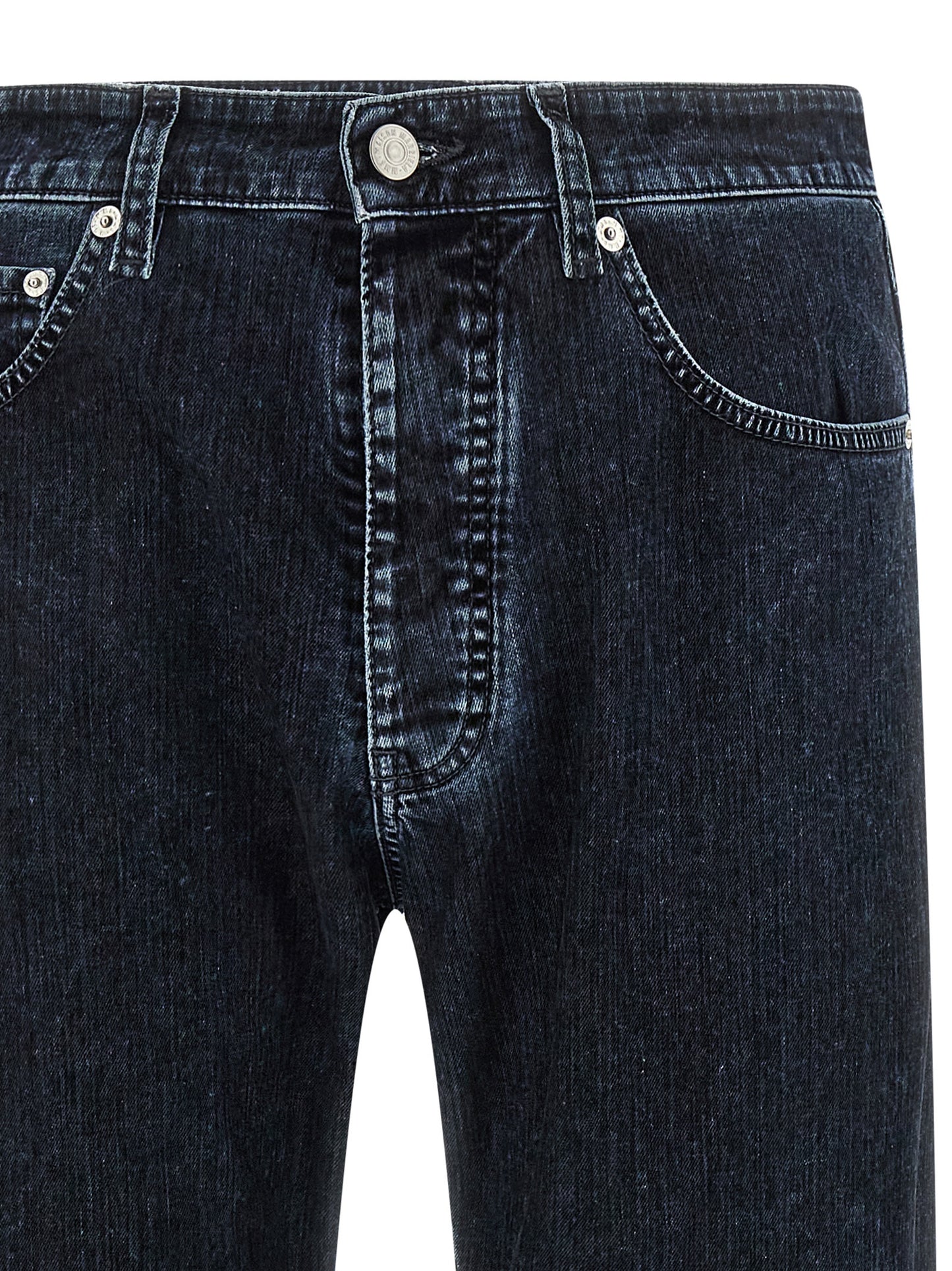 Jeans by MM6 Maison Margiela for men in stretch denim cotton black, natural, white & signature features an sartorial straight-leg and long with a cut for a sartorial finish.