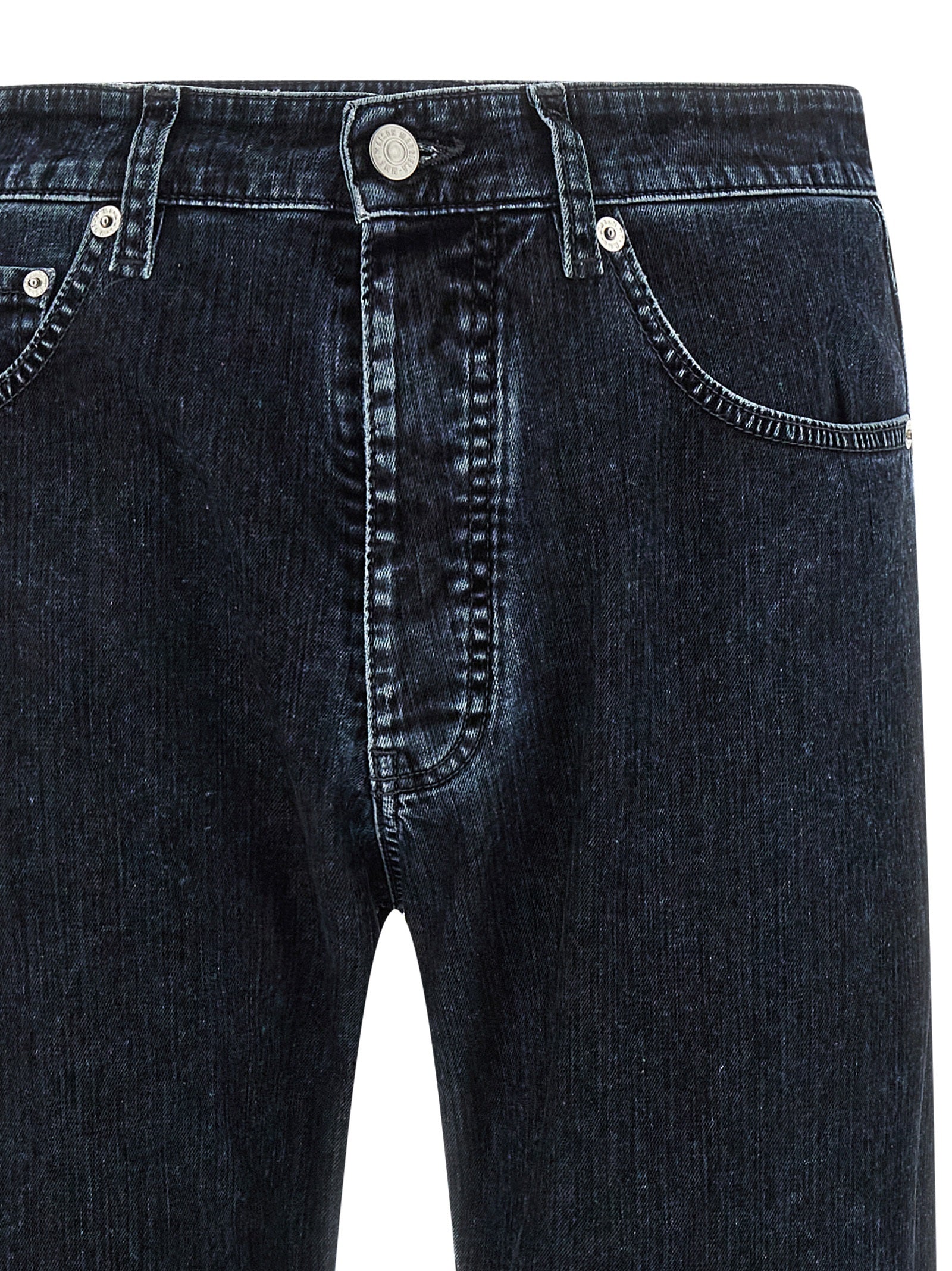 Jeans by MM6 Maison Margiela for men in stretch denim cotton black, natural, white & signature features an sartorial straight-leg and long with a cut for a sartorial finish.