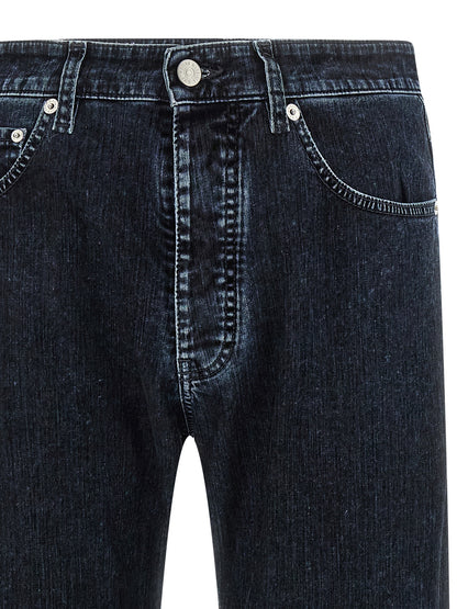 Jeans by MM6 Maison Margiela for men in stretch denim cotton black, natural, white & signature features an sartorial straight-leg and long with a cut for a sartorial finish.