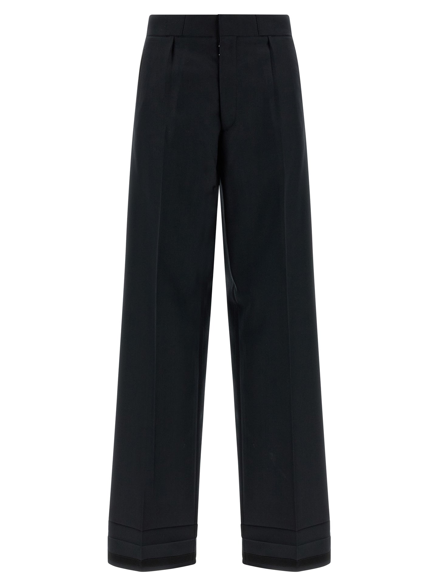 Trousers by Maison Margiela for women in wool & polyester black, herringbone & signature presents a smart silhouette, meticulously detailed with a smart straight-leg & wide, a smart long, and a smart .