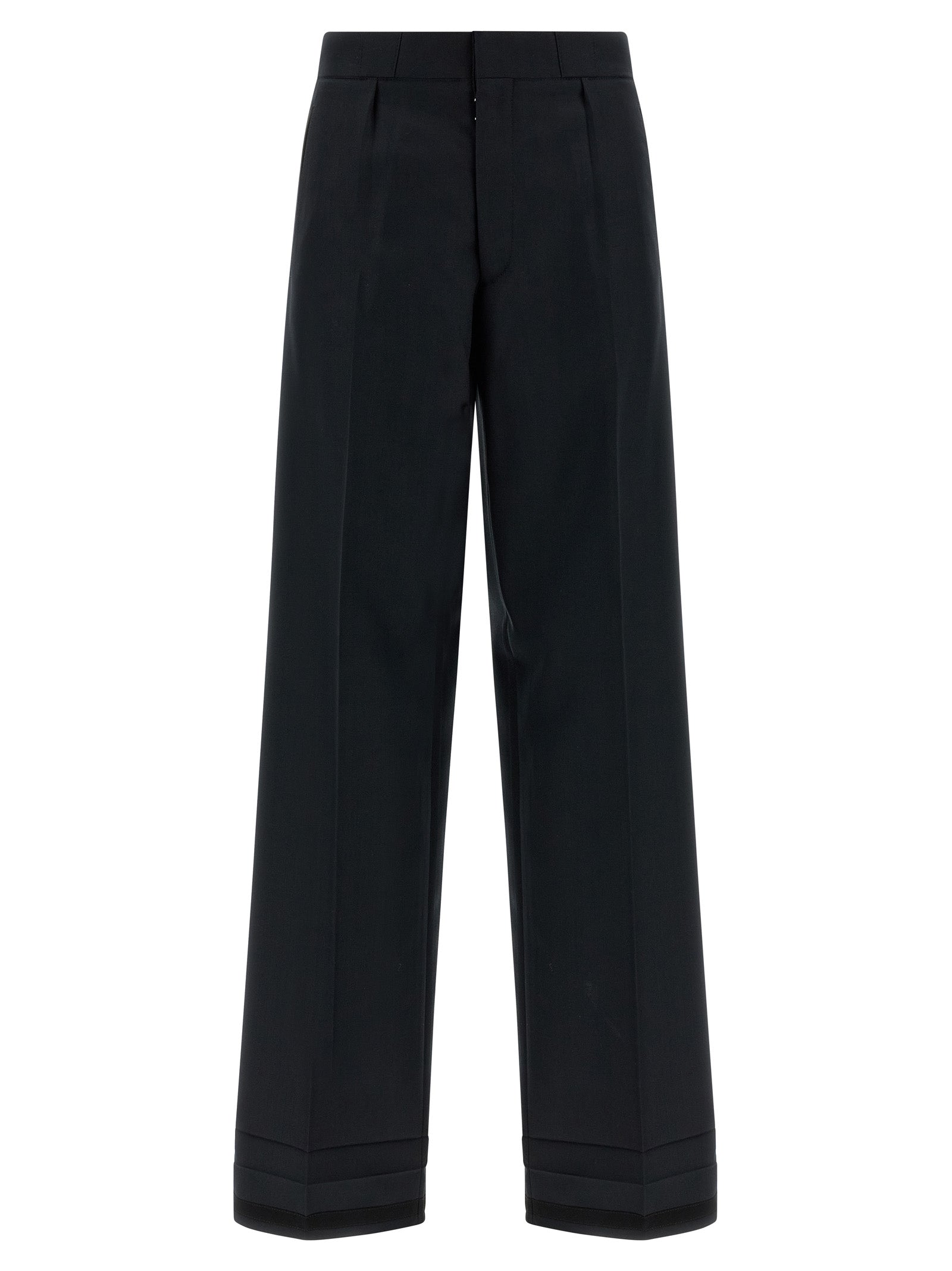 Trousers by Maison Margiela for women in wool & polyester black, herringbone & signature presents a smart silhouette, meticulously detailed with a smart straight-leg & wide, a smart long, and a smart .