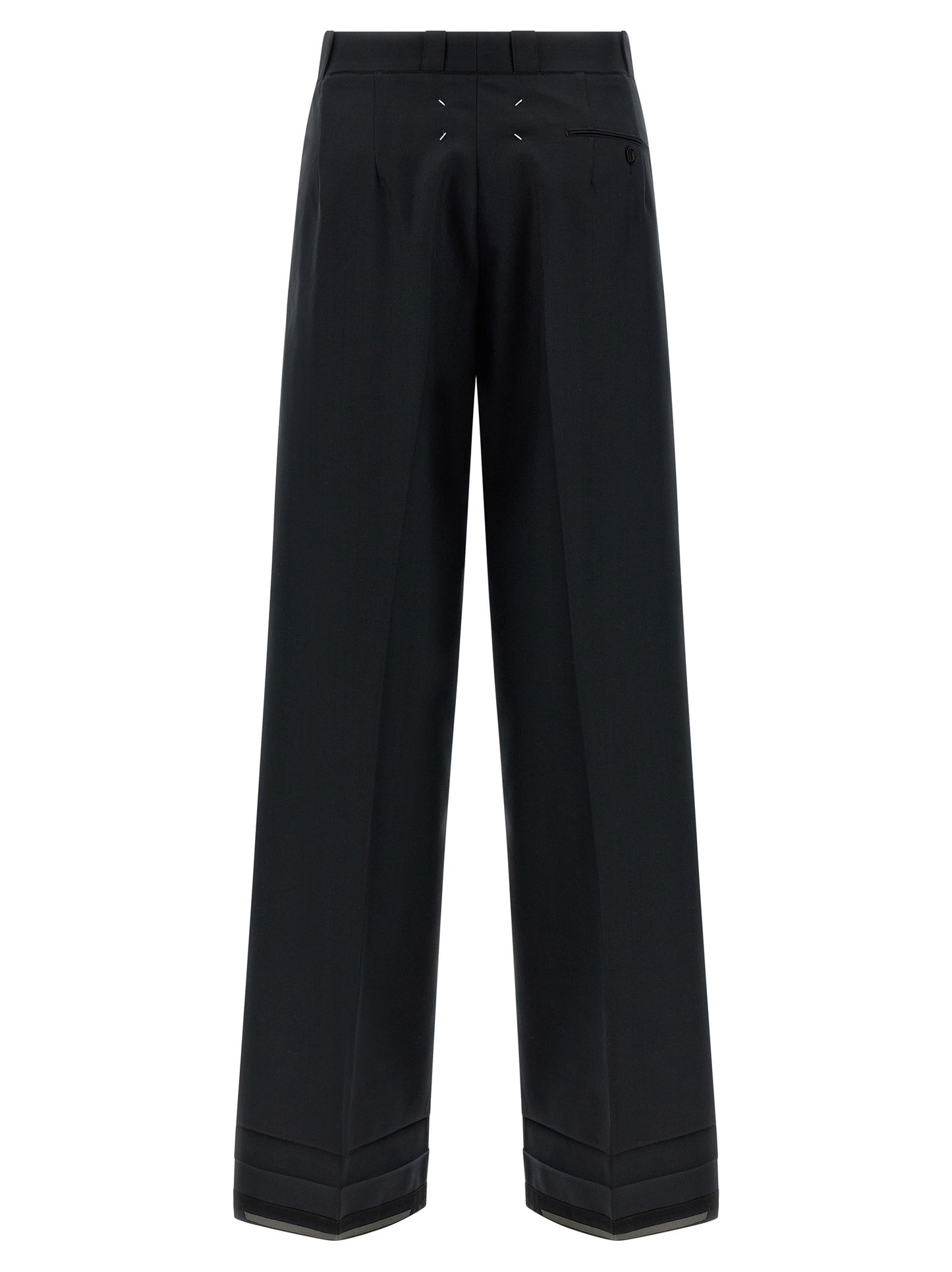 Trousers by Maison Margiela for women in wool & polyester black, herringbone & signature features a sculptural silhouette, showcasing a sculptural straight-leg & wide and long with a sophisticated for a sculptural finish.