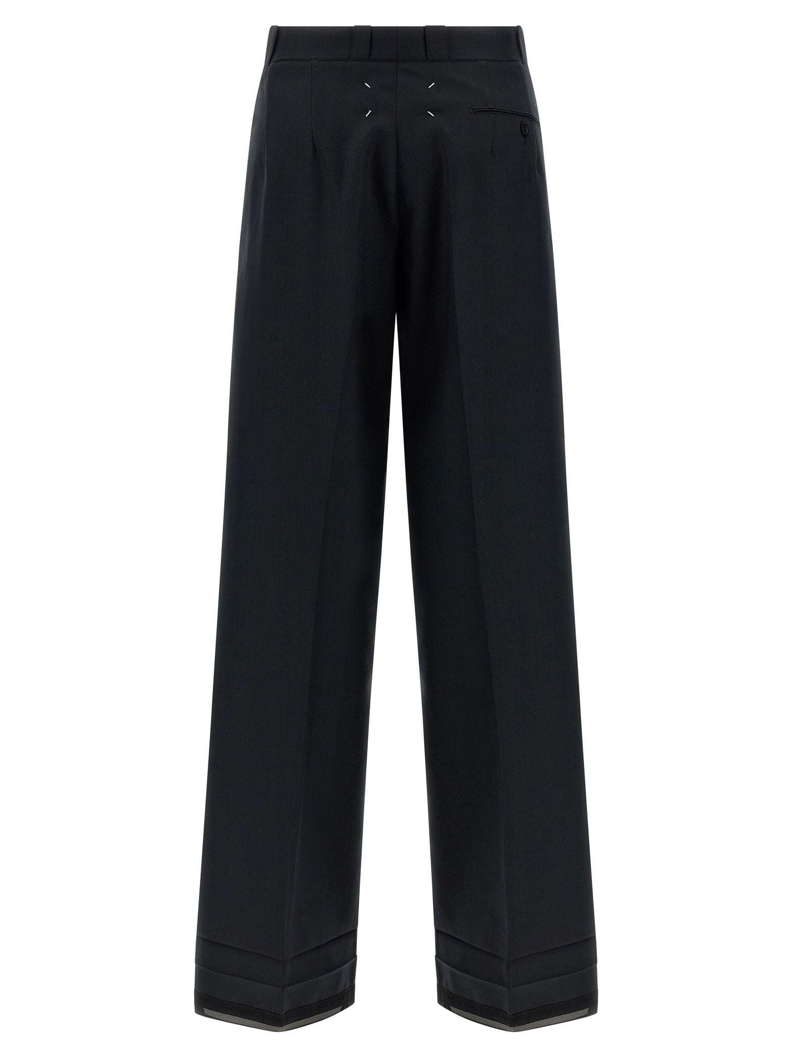 Trousers by Maison Margiela for women in wool & polyester black, herringbone & signature features a sculptural silhouette, showcasing a sculptural straight-leg & wide and long with a sophisticated for a sculptural finish.