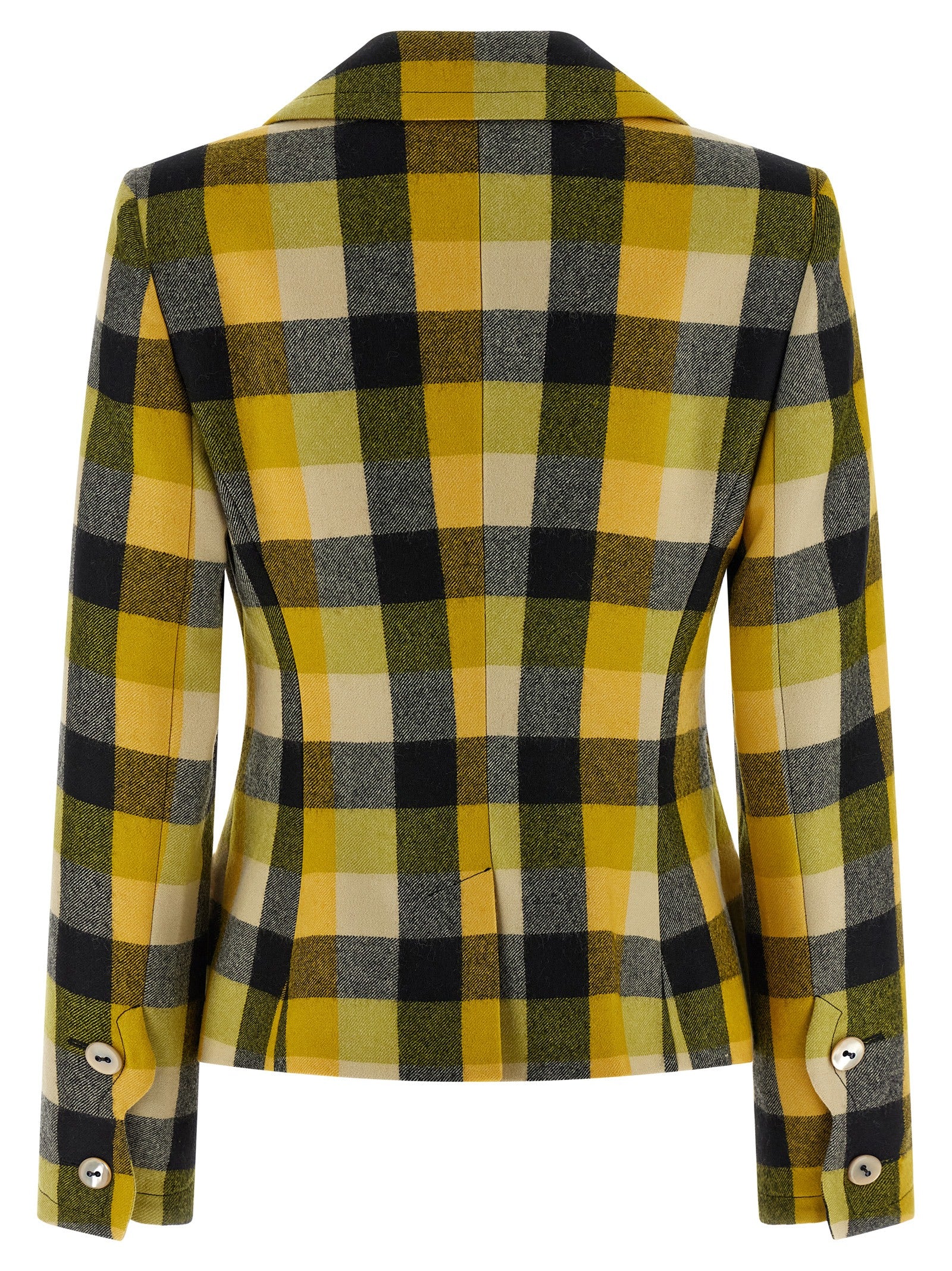 This Blazer by Vivienne Westwood for women in virgin wool bicolour, pearl, yellow & patterned presents a tailored silhouette, meticulously tailored with a tailored and distinctive for a tailored finish.