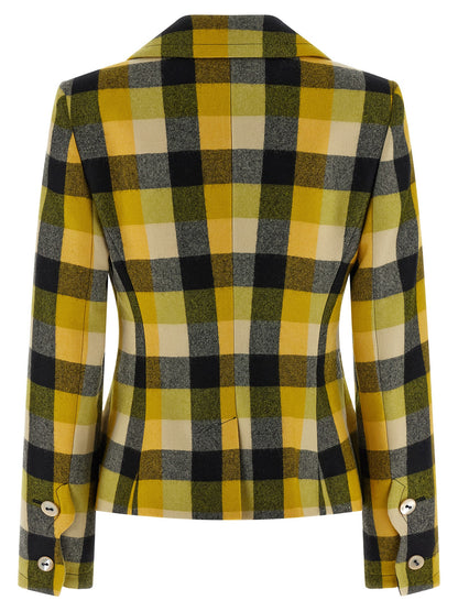 This Blazer by Vivienne Westwood for women in virgin wool bicolour, pearl, yellow & patterned presents a tailored silhouette, meticulously tailored with a tailored and distinctive for a tailored finish.