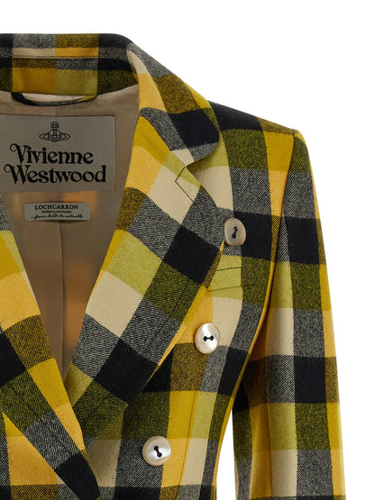Blazer by Vivienne Westwood for women in virgin wool bicolour, pearl, yellow & patterned features an sartorial silhouette, showcasing a sophisticated and sartorial for a truly sartorial finish.