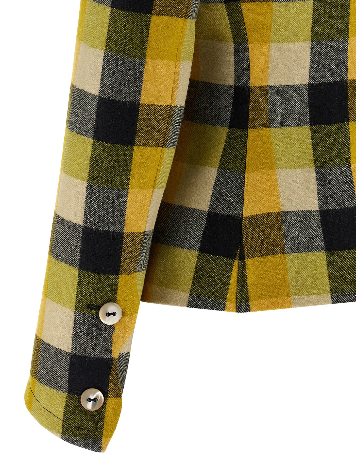 Blazer by Vivienne Westwood for women in virgin wool bicolour, pearl, yellow & patterned presents a distinguished silhouette, detailed with a distinguished and distinctive for a truly sophisticated finish.