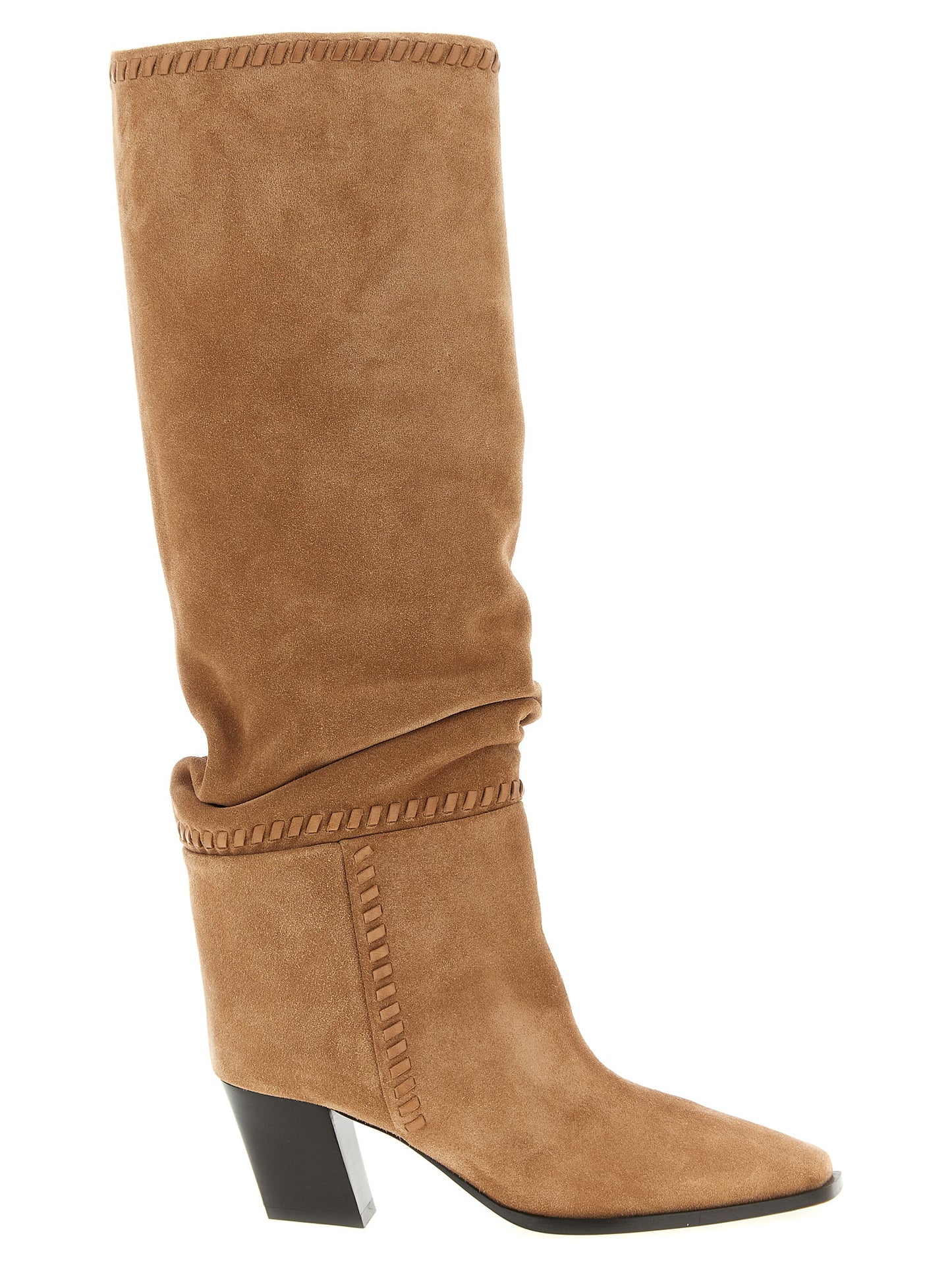 Over-The-Knee Boots by Jimmy Choo for women in synthetic suede leather beige showcases a ergonomic silhouette from the Women's Synthetic Suede Leather Over-The-Knee Boots collection, featuring a ergonomic and a ergonomic square toe style.