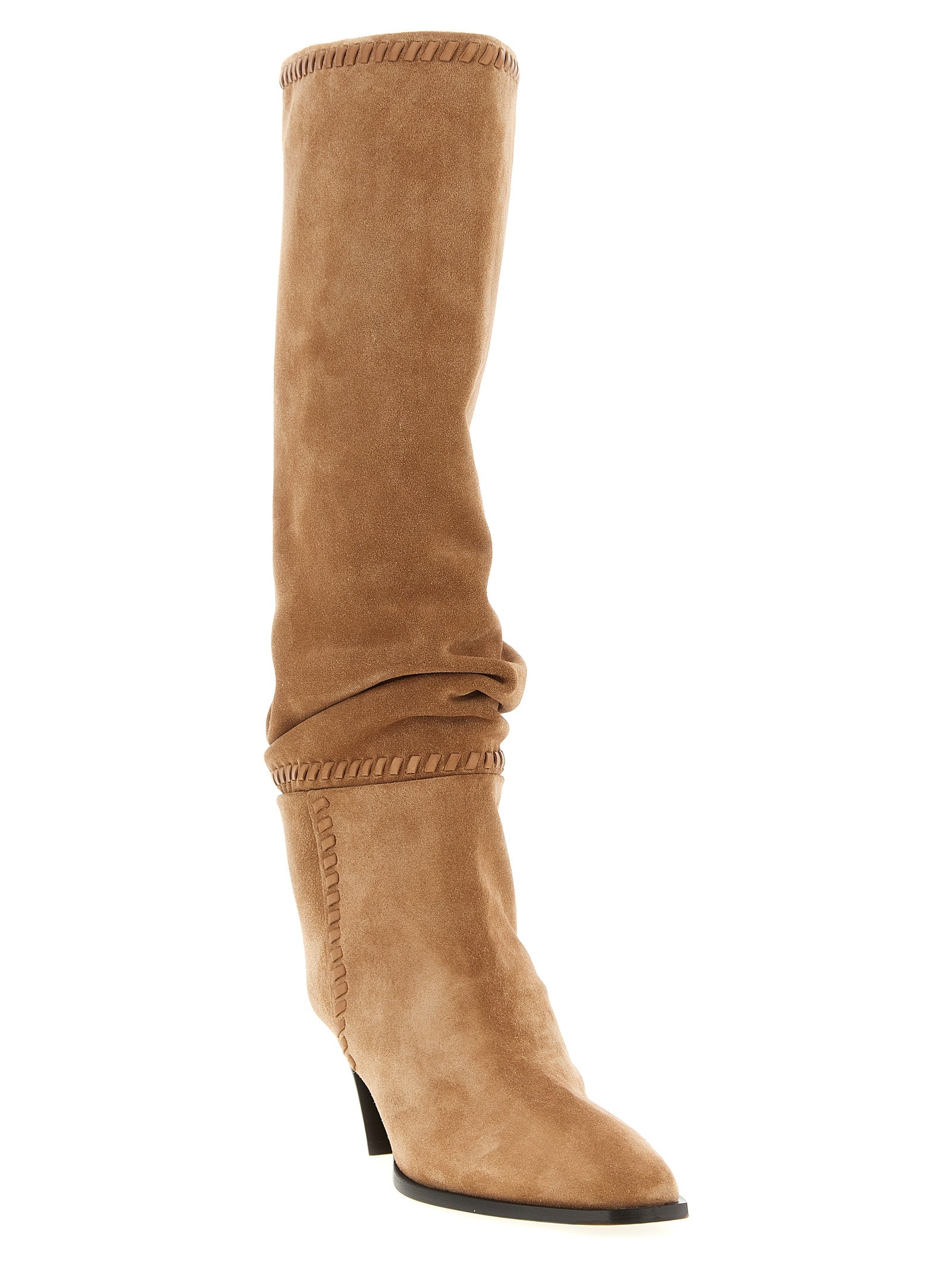 Over-The-Knee Boots by Jimmy Choo for women in synthetic suede leather beige features an avant-garde Women's Synthetic Suede Leather Over-The-Knee Boots silhouette, defined by a sophisticated and a avant-garde square toe style.