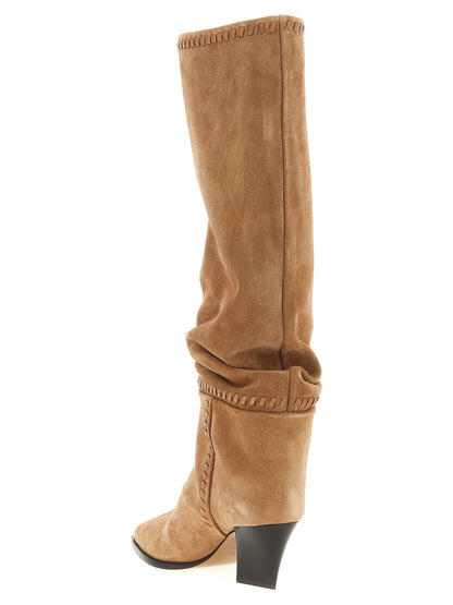Over-The-Knee Boots by Jimmy Choo for women in synthetic suede leather beige features an dynamic silhouette, showcasing the dynamic Women's Synthetic Suede Leather Over-The-Knee Boots design with its distinctive and elegant square toe style.
