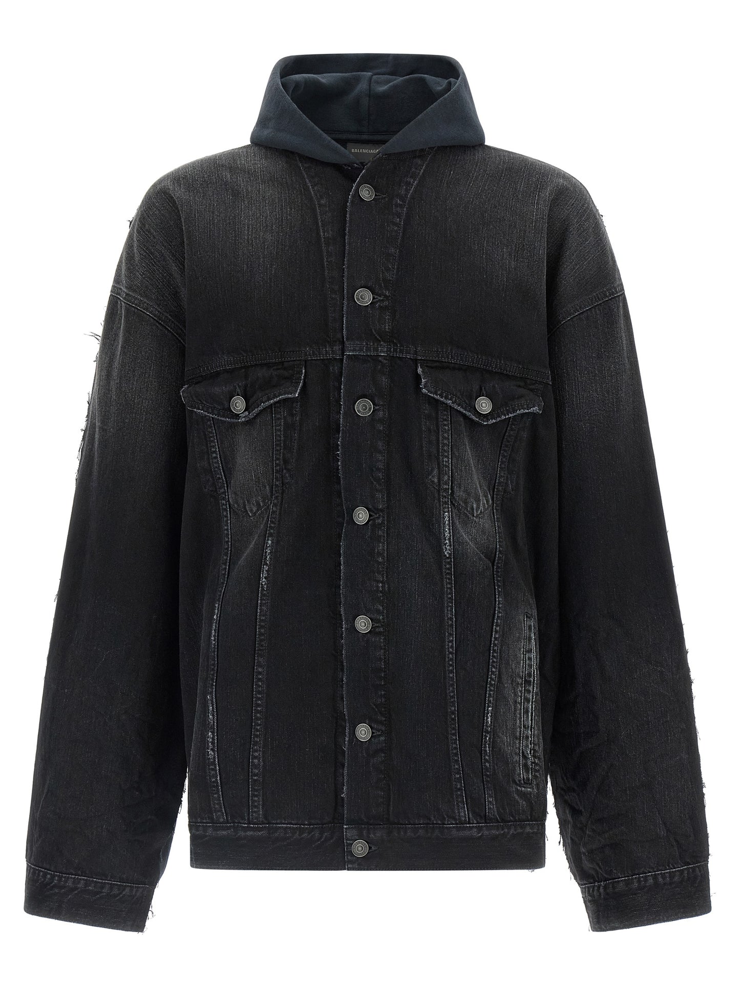 Hooded Trucker Jacket by Balenciaga for men in denim cotton black features an on trend silhouette, showcasing refined pockets & hooded and a sophisticated hooded shirt-collar neckline for a truly on trend finish.