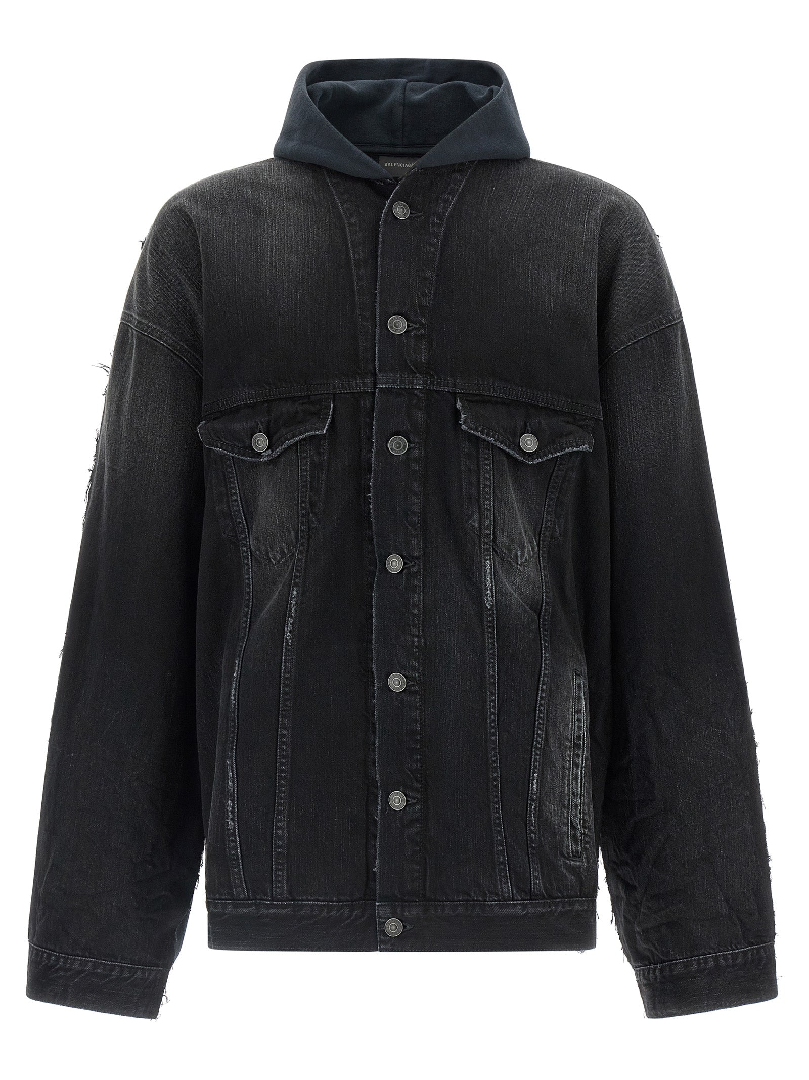 Hooded Trucker Jacket by Balenciaga for men in denim cotton black features an on trend silhouette, showcasing refined pockets & hooded and a sophisticated hooded shirt-collar neckline for a truly on trend finish.
