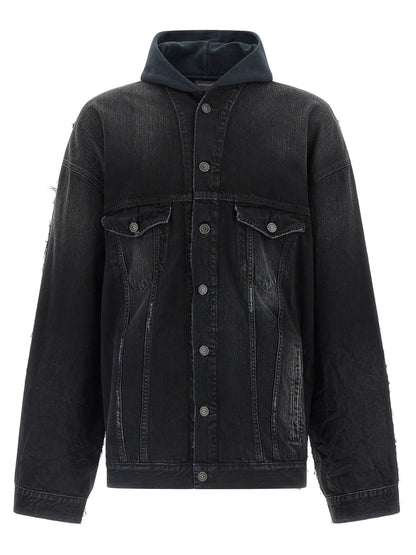 Hooded Trucker Jacket by Balenciaga for men in denim cotton black features an on trend silhouette, showcasing refined pockets & hooded and a sophisticated hooded shirt-collar neckline for a truly on trend finish.