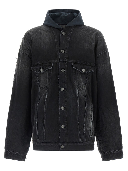 Hooded Trucker Jacket by Balenciaga for men in denim cotton black features an on trend silhouette, showcasing refined pockets & hooded and a sophisticated hooded shirt-collar neckline for a truly on trend finish.