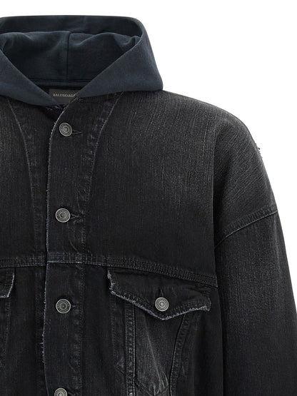 Hooded Trucker Jacket by Balenciaga for men in denim cotton black features a city-ready silhouette, detailed with pockets & hooded and a city-ready hooded shirt-collar neckline.