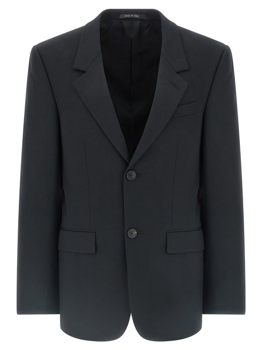Blazer by Balenciaga for men in cupro wool black & monogram features an sartorial silhouette, showcasing a sophisticated split neckline and sartorial for a truly sartorial finish.