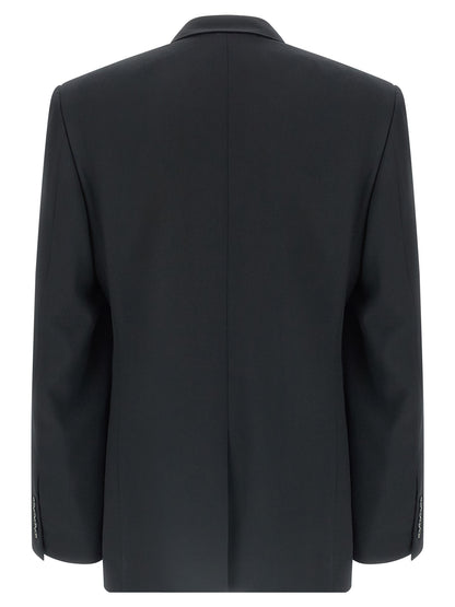Blazer by Balenciaga for men in cupro wool black & monogram showcases a discerning silhouette, elegantly detailed with a sophisticated split neckline and premium for a truly discerning finish.