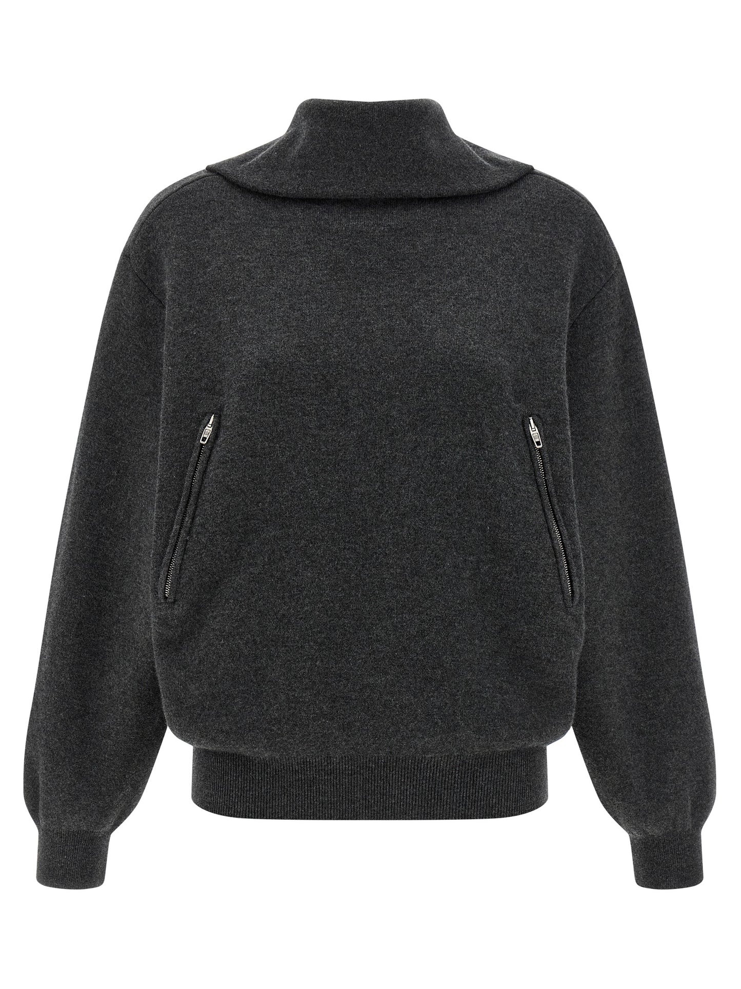 Cardigan by Balenciaga for women in wool gray showcases a luxurious silhouette, meticulously detailed with a sophisticated high-neck neckline and long-sleeve for a refined finish.