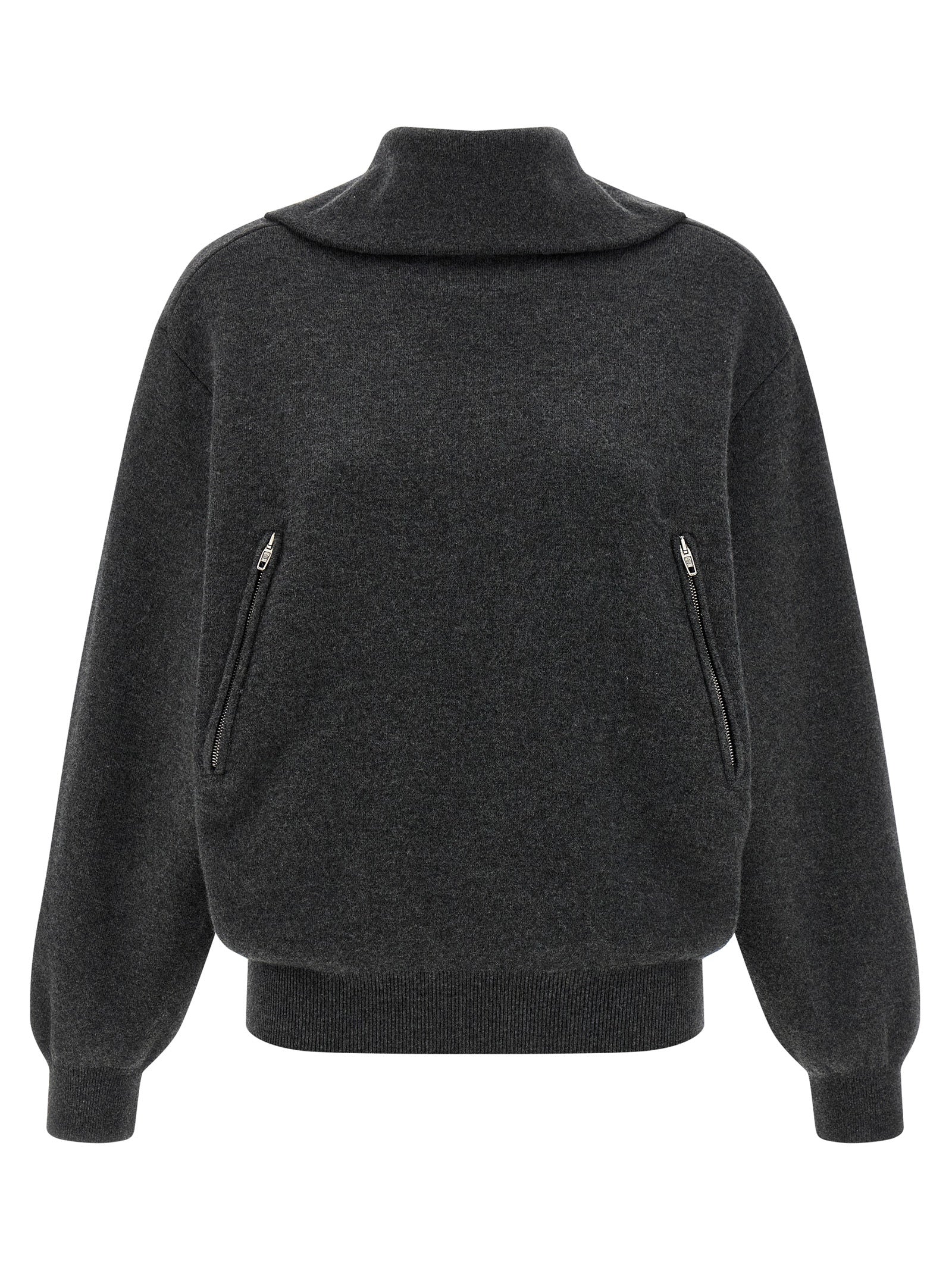 Cardigan by Balenciaga for women in wool gray showcases a luxurious silhouette, meticulously detailed with a sophisticated high-neck neckline and long-sleeve for a refined finish.